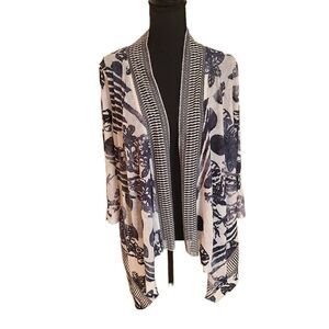 Cativa Womens Draped Open Jacket Abstract Pattern Navy Blue White Medium